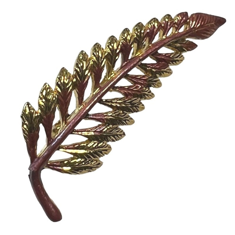 Vintage Leaf Brooch‎ Gold Tone Pink Enamel Feather Pin